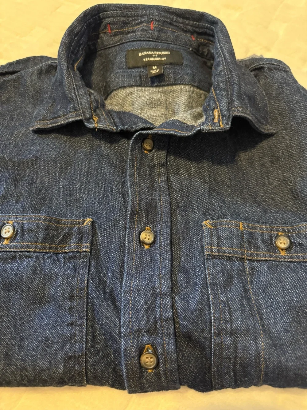 Banana Republic Standard Fit Denim Button-Down Shirt Med Dark Wash Cotton Hemp
